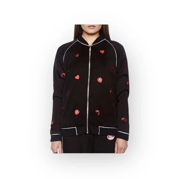 new Lauren Moshi 𖠌 Paris Ladybug Love Kiss Patch Bomber Jacket 𖠌 Black 𖠌 Medium - Picture 5 of 16